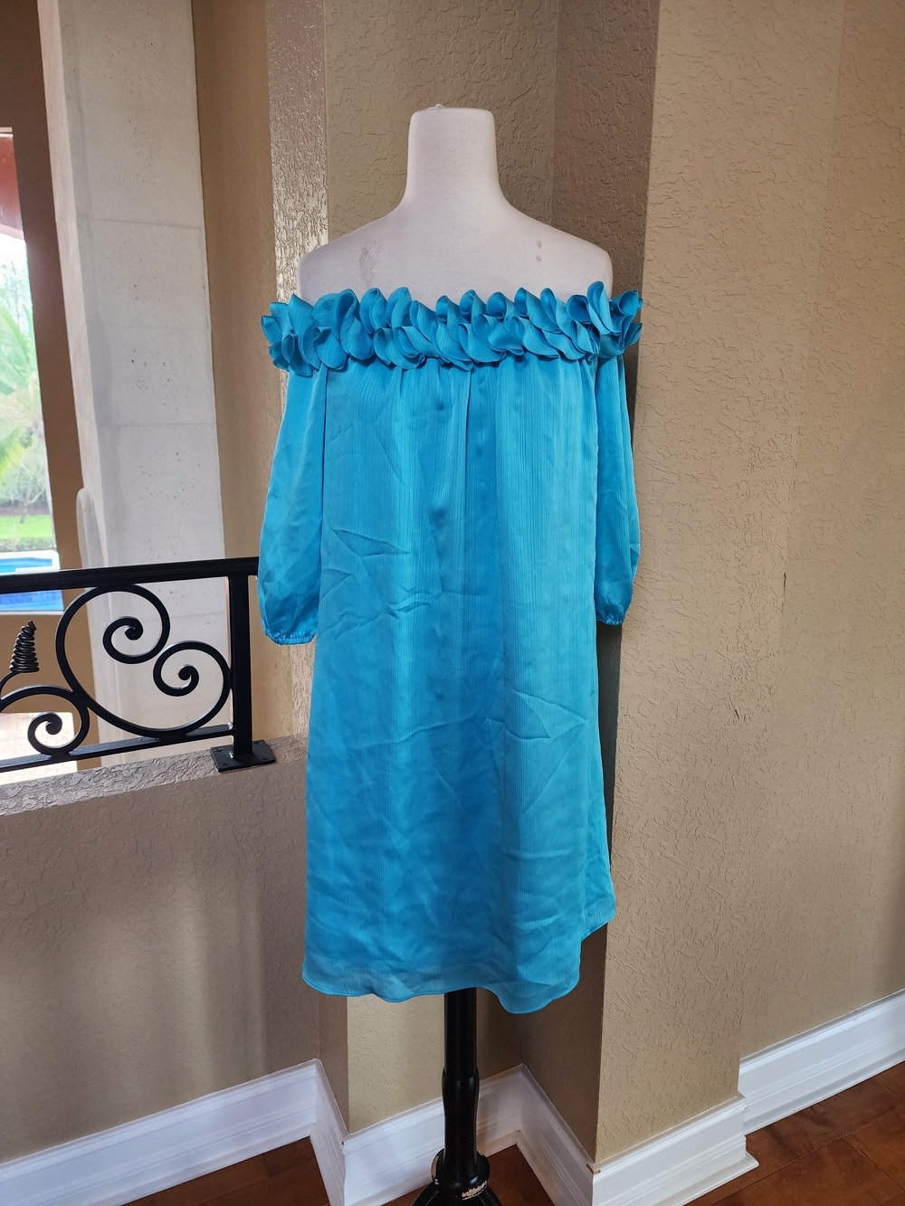 Trina Turk Turquoise Off-Shoulder Floral-Trim Tunic